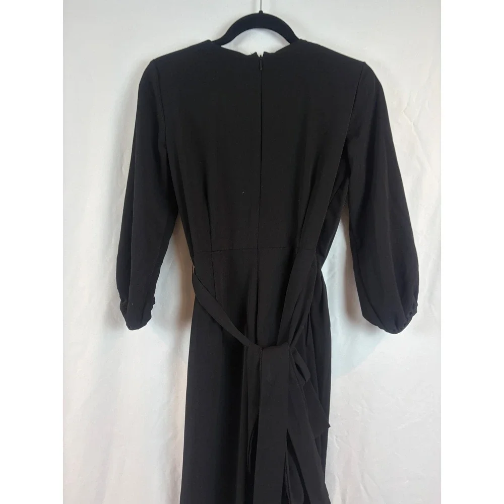 Black Wrap‎ V-Neck Jumpsuit 3/4 Sleeve Wide Leg Belted One-Piece Romper